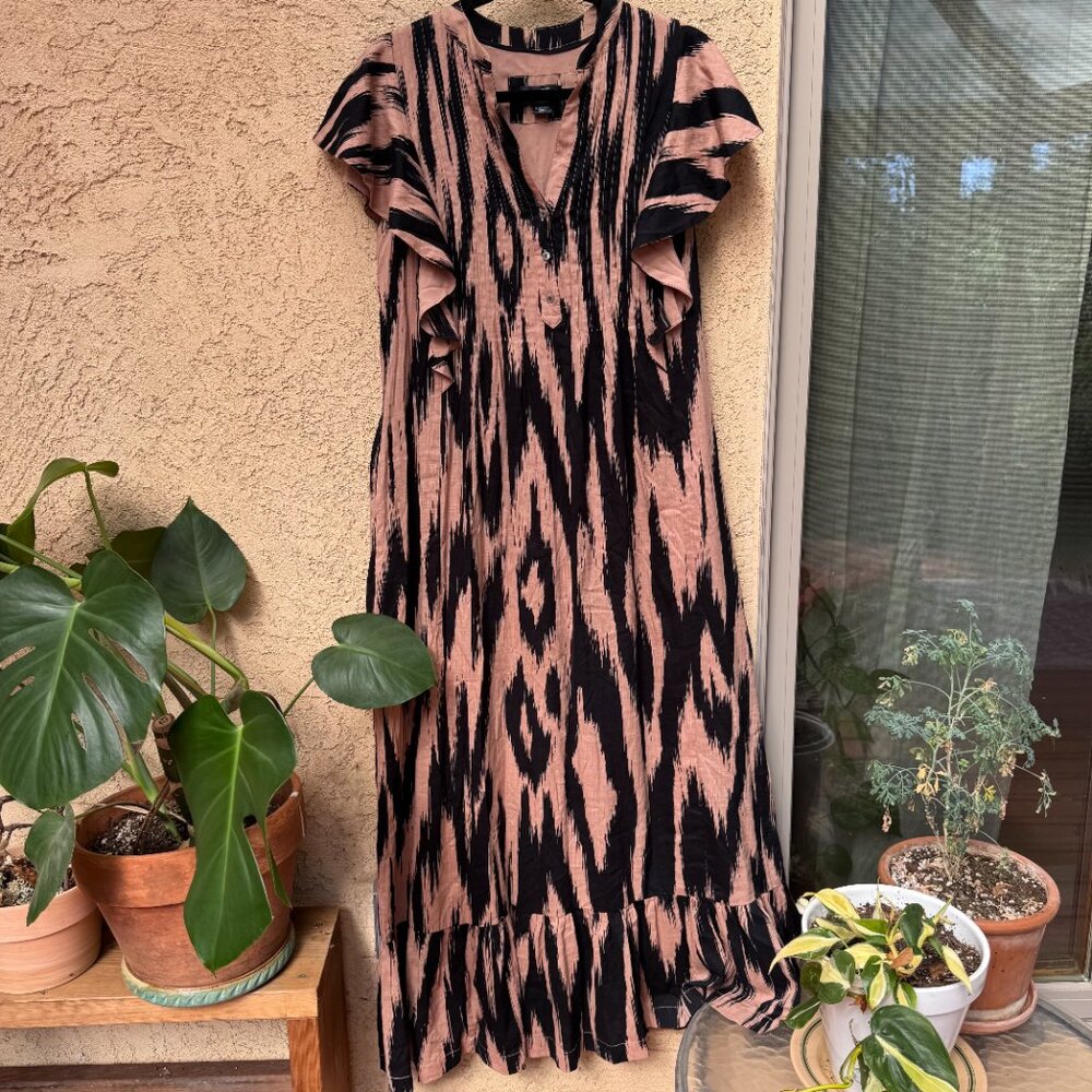 Anthropologie Maeve Cassandra Tan and Black Patterned Maxi Dress XS